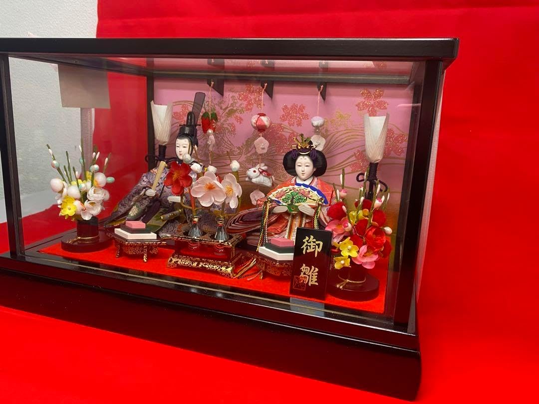 吊るし付き雛人形ガラスケース入り親王飾り 間口約39×奥行約27×